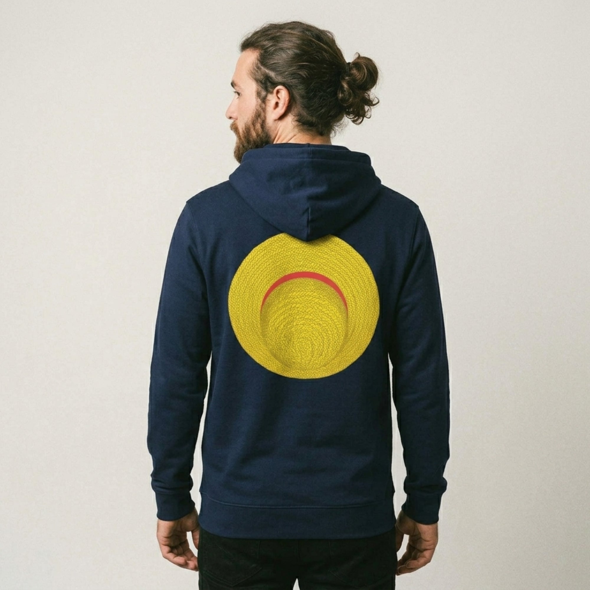 sweat à capuche bleu marine avec chapeau de paille dessiné dans le dos