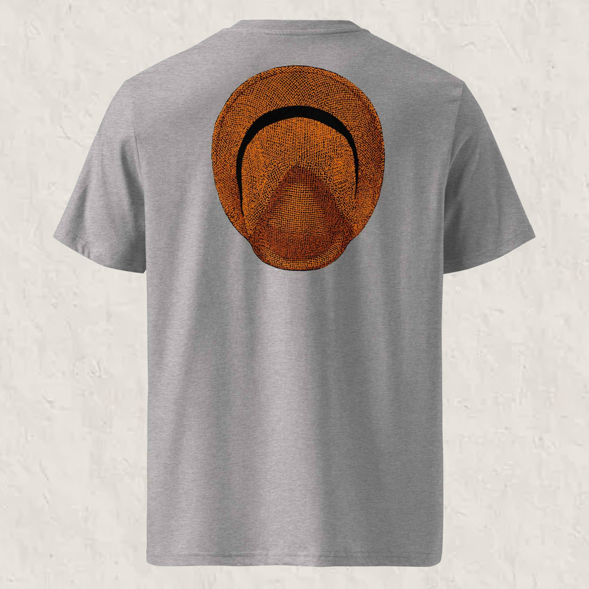 T-shirt unisexe Le Chapeau Panama orange en coton bio, coloris gris chiné, vu de dos