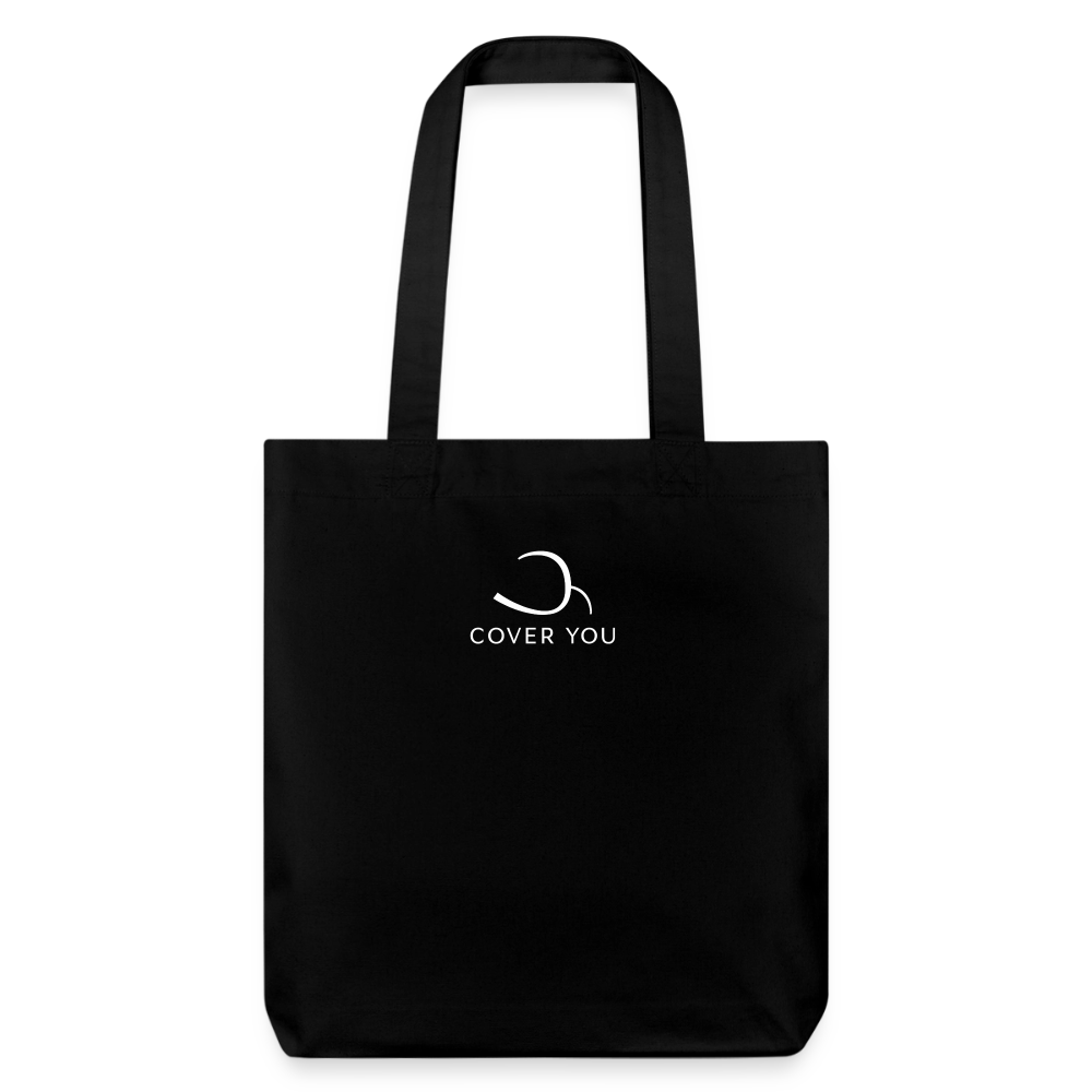 Tote bag COVER YOU noir en coton recyclé, logo blanc imprimé au centre, vu de face