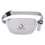 Sac banane COVER YOU gris chiné en coton recyclé, logo noir imprimé sur la poche avant, vu de face à plat