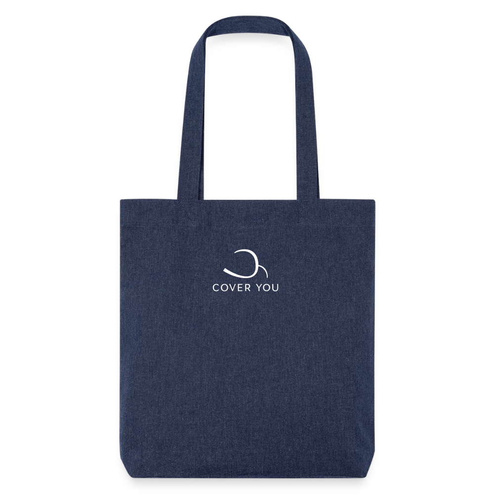 Tote bag COVER YOU bleu chiné en coton recyclé, logo blanc imprimé au centre, vu de face