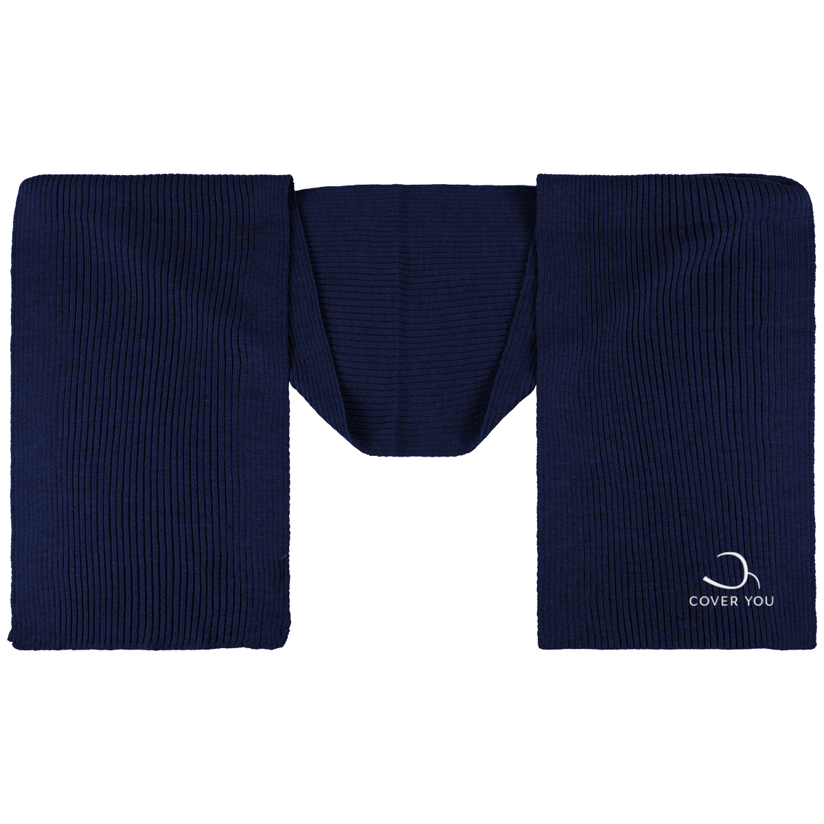 Navy COVER YOU rib knit scarf laid flat, white caring logo at the end of one side
