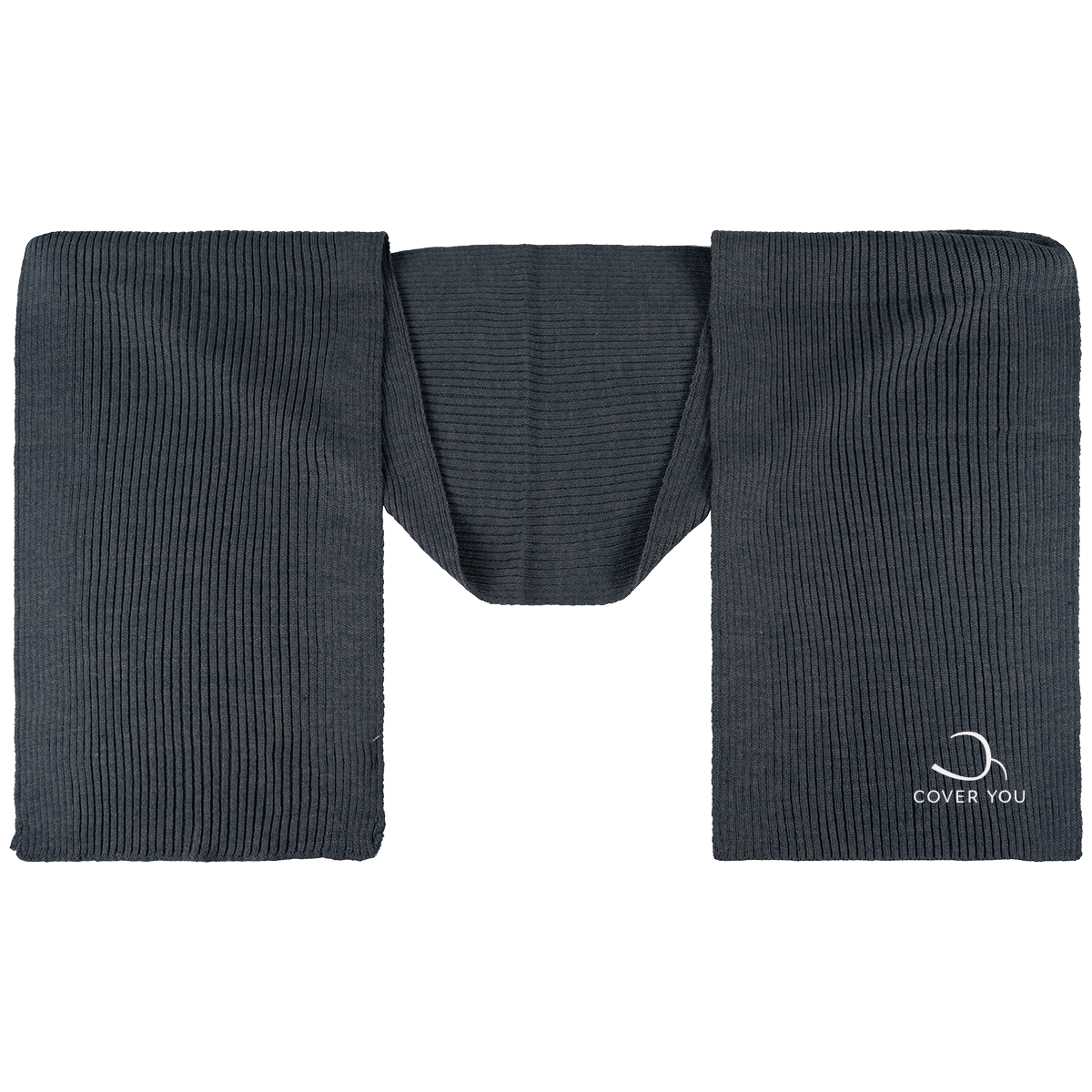 Grey heather COVER YOU rib knit scarf laid flat, white caring logo at the end of one side
