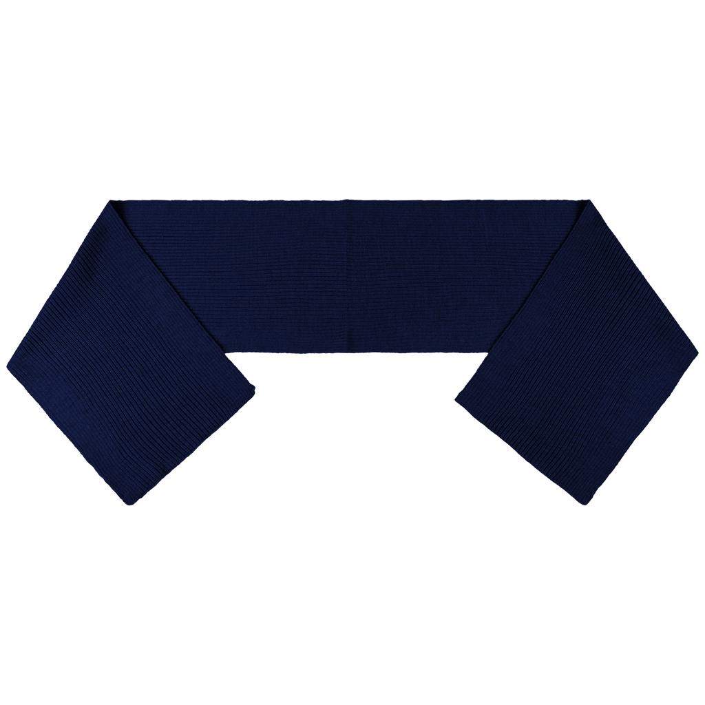 Écharpe COVER YOU bleu marine en maille côtelée, vue à plat côté envers, pans repliés