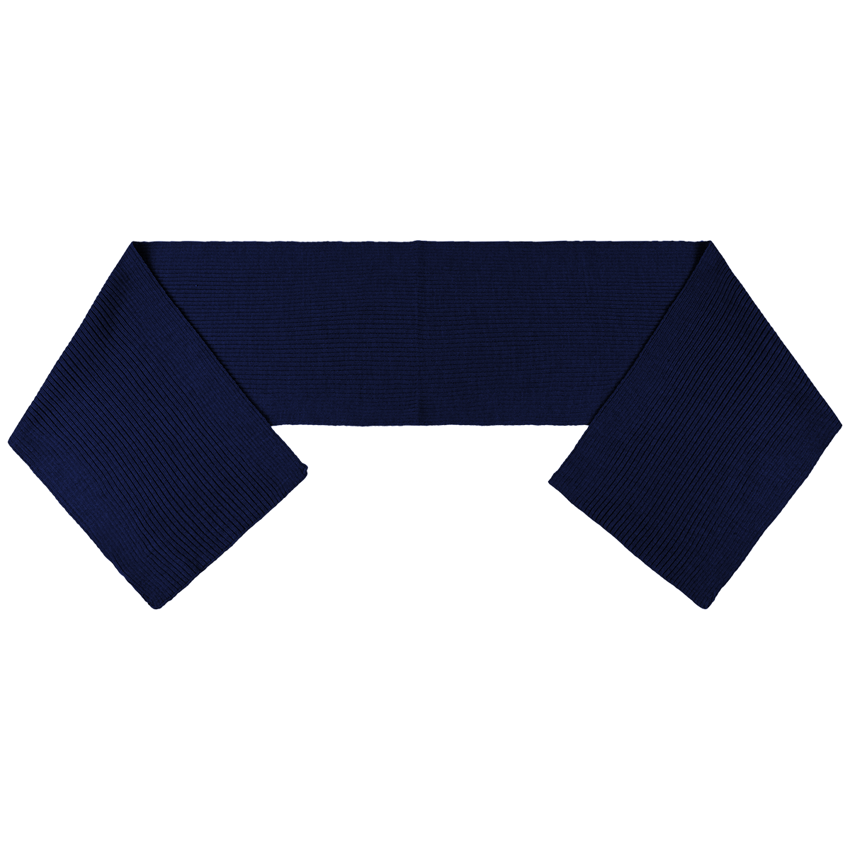 Navy COVER YOU rib knit scarf laid flat, reverse side, ends folded
