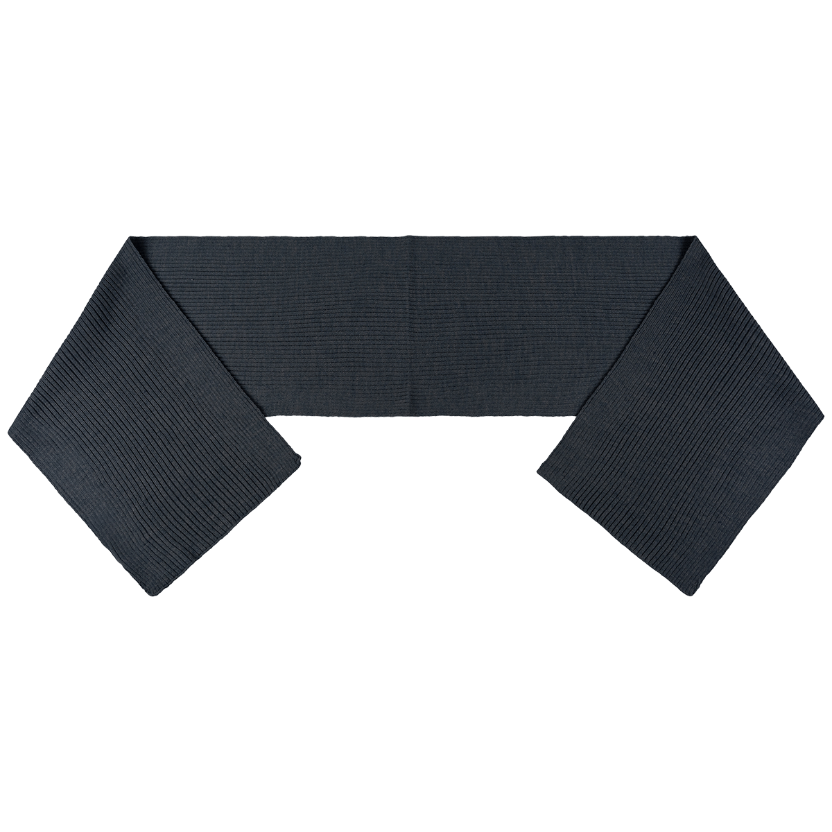 Grey heather COVER YOU rib knit scarf laid flat, reverse side, ends folded