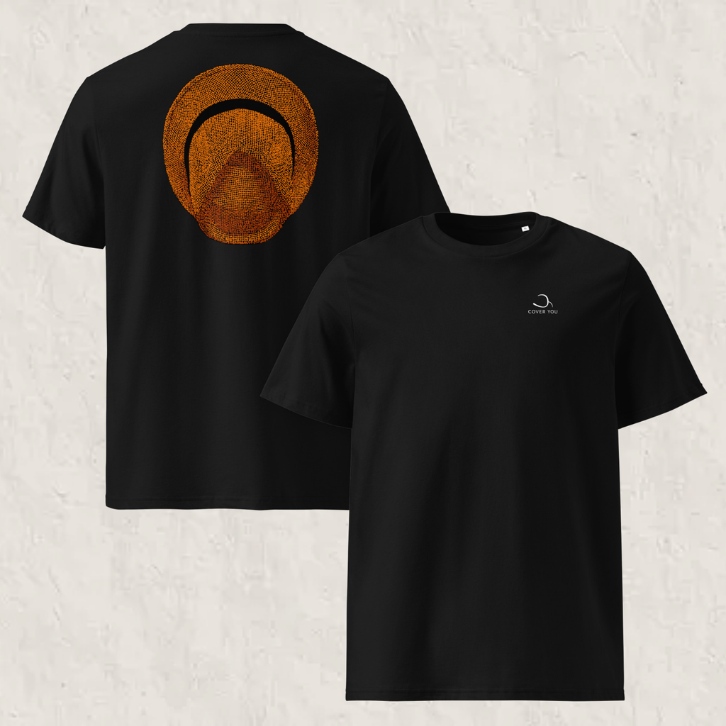 T-shirt unisexe Le Chapeau Panama orange en coton bio, coloris noir, vu de face et de dos