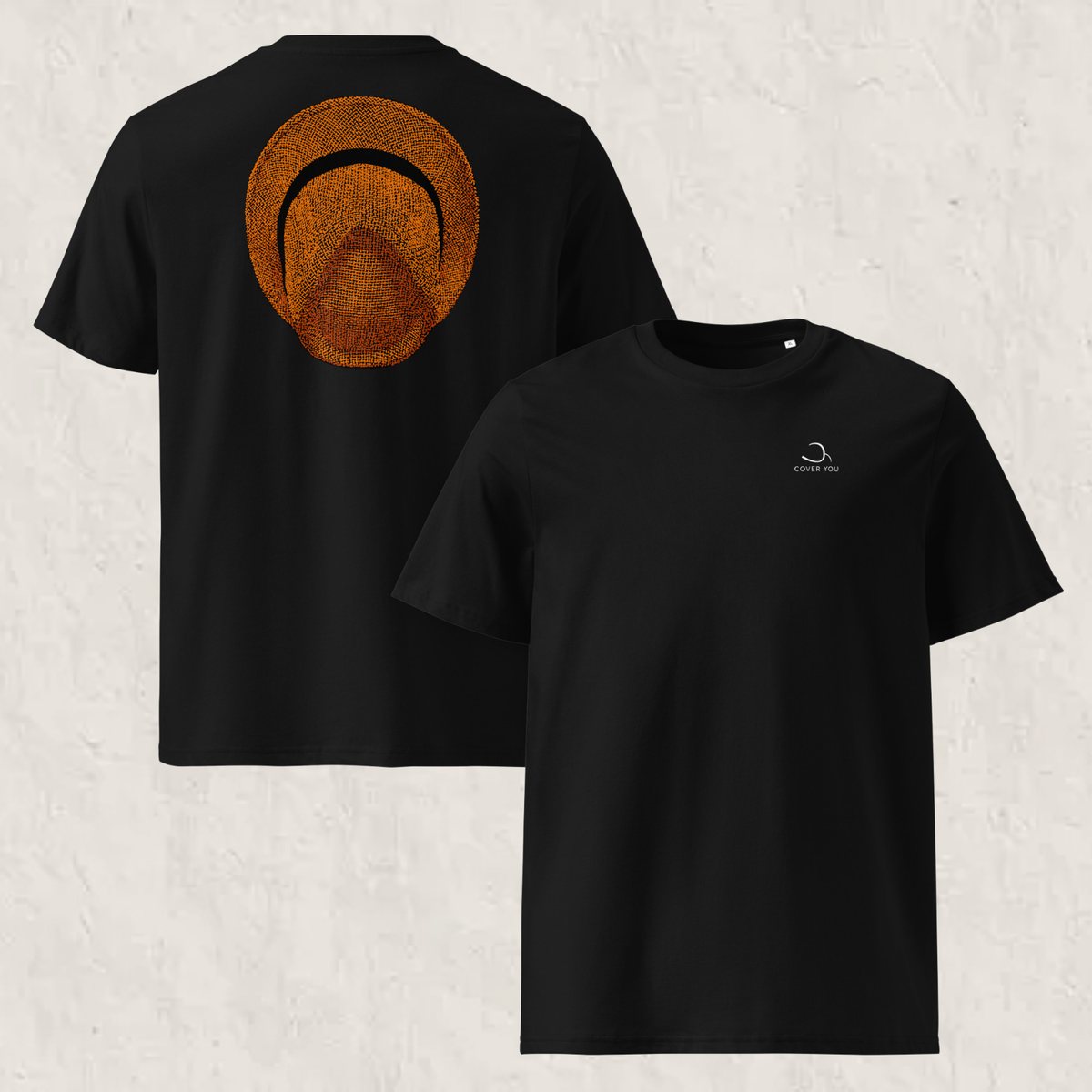 T-shirt unisexe Le Chapeau Panama orange en coton bio, coloris noir, vu de face et de dos