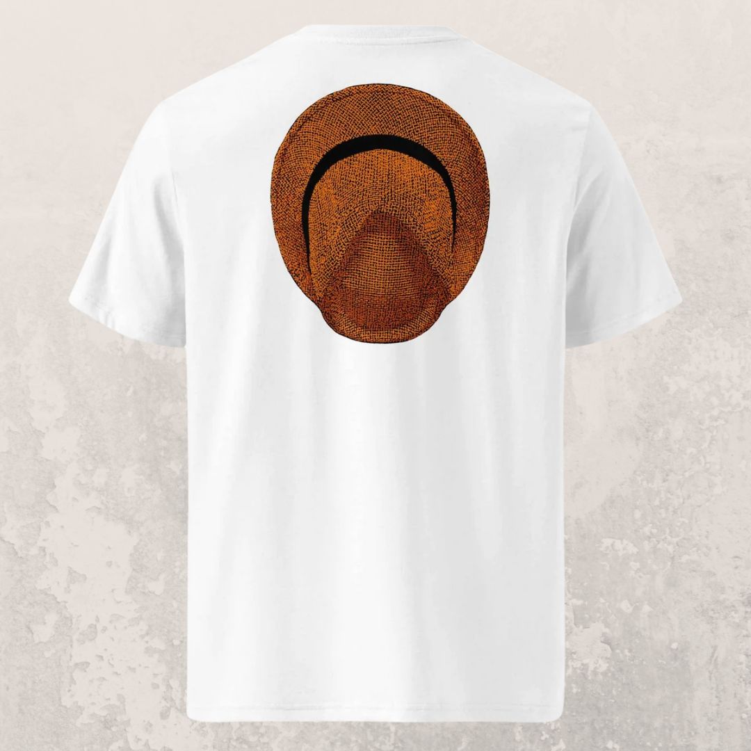 T-shirt unisexe Le Chapeau Panama orange en coton bio, coloris blanc, vu de dos