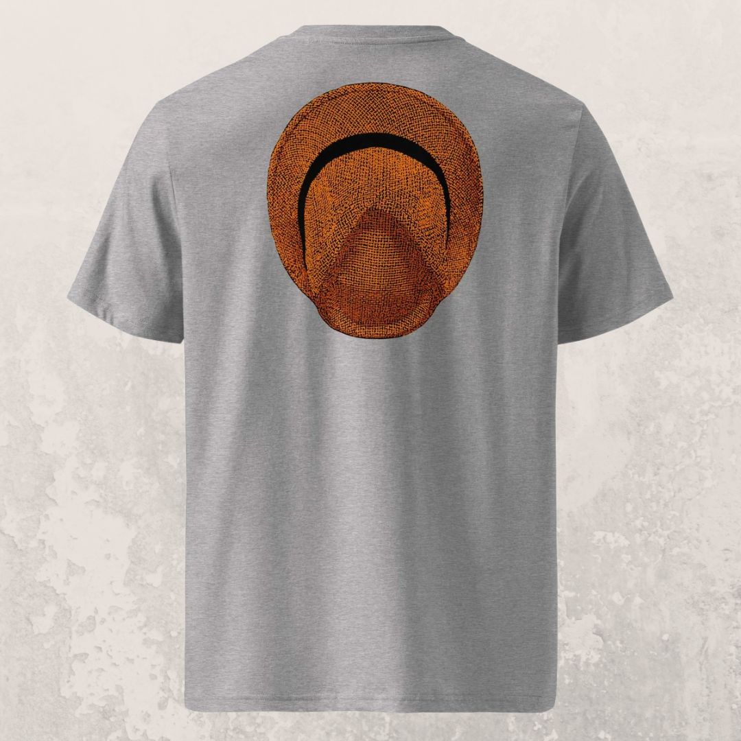 T-shirt unisexe Le Chapeau Panama orange en coton bio, coloris gris chiné, vu de dos