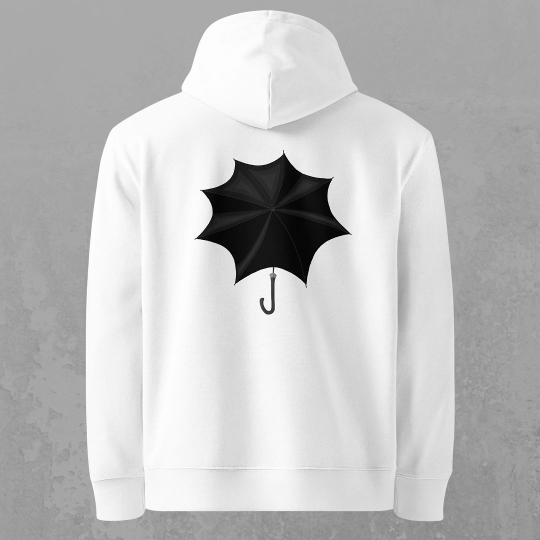 Sweat à capuche Le Parapluie du Mercredi en coton bio, coloris blanc, vu de dos
