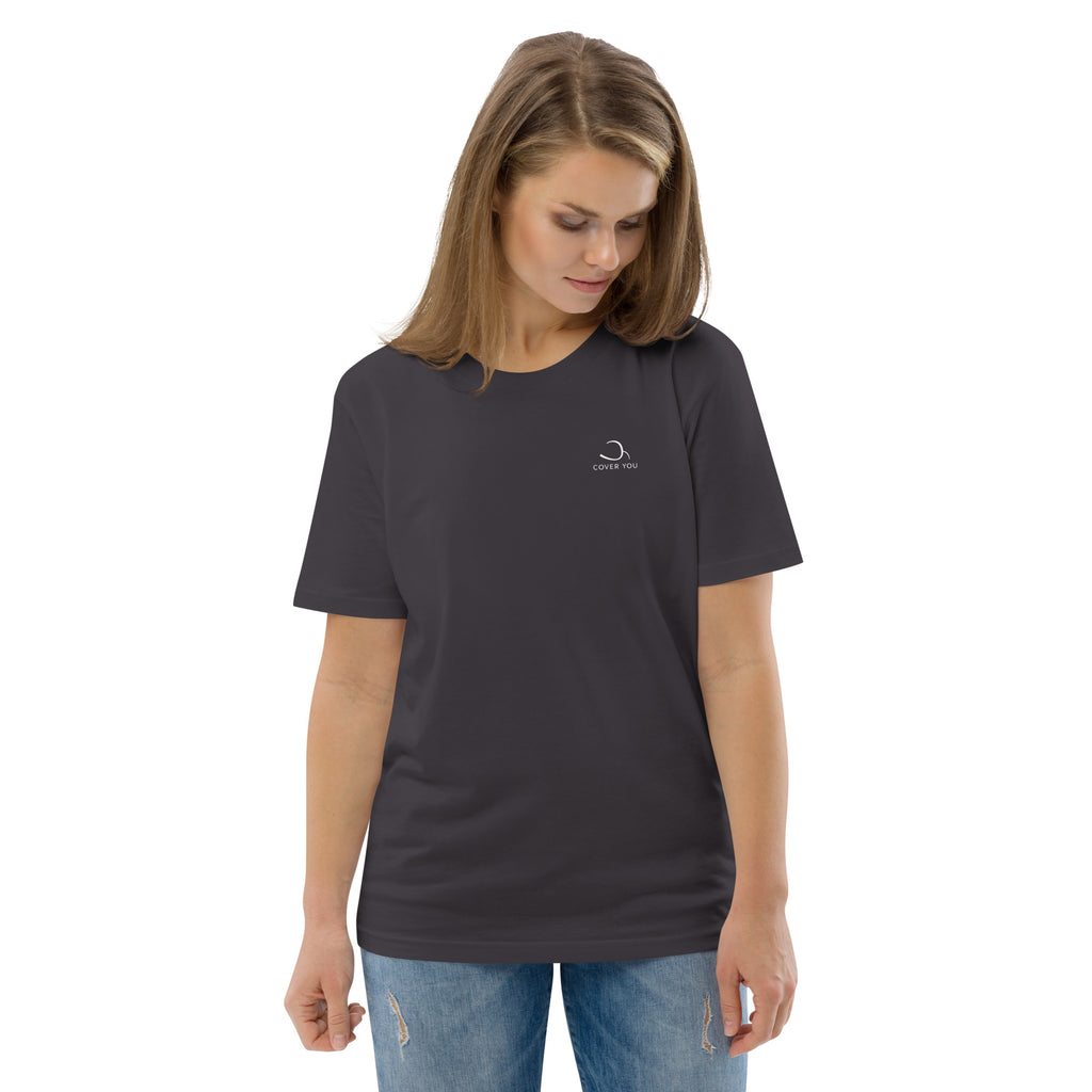 T-shirt unisexe Le Chapeau Panama orange en coton bio, coloris Anthracite, vu de face