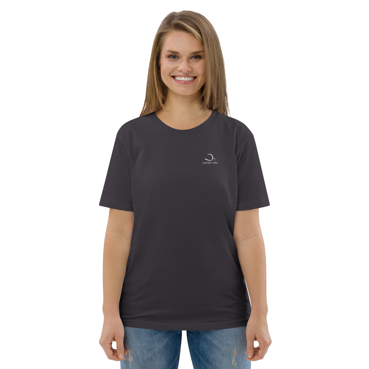 T-shirt unisexe Le Chapeau Panama orange en coton bio, coloris Anthracite, vu de face