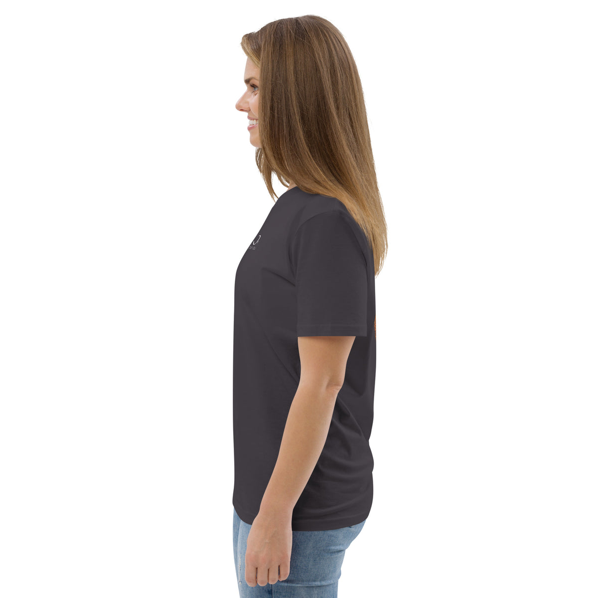T-shirt unisexe Le Chapeau Panama orange en coton bio, coloris Anthracite, vu de profil