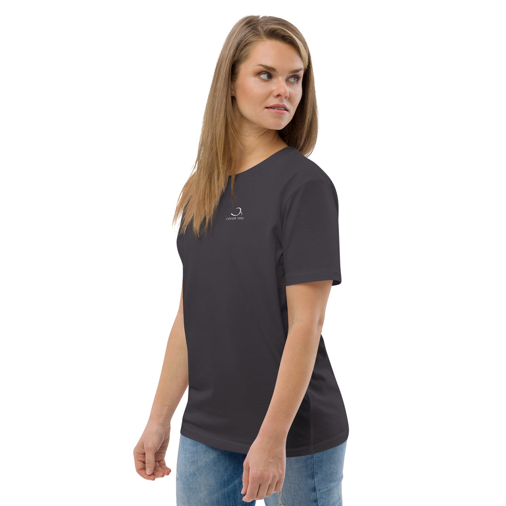 T-shirt unisexe Le Chapeau Panama orange en coton bio, coloris Anthracite, vu de trois quarts face