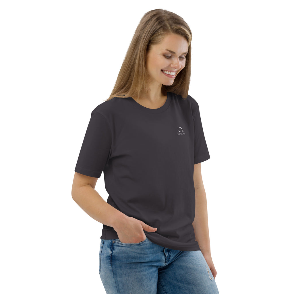 T-shirt unisexe Le Chapeau Panama orange en coton bio, coloris Anthracite, vu de trois quarts face