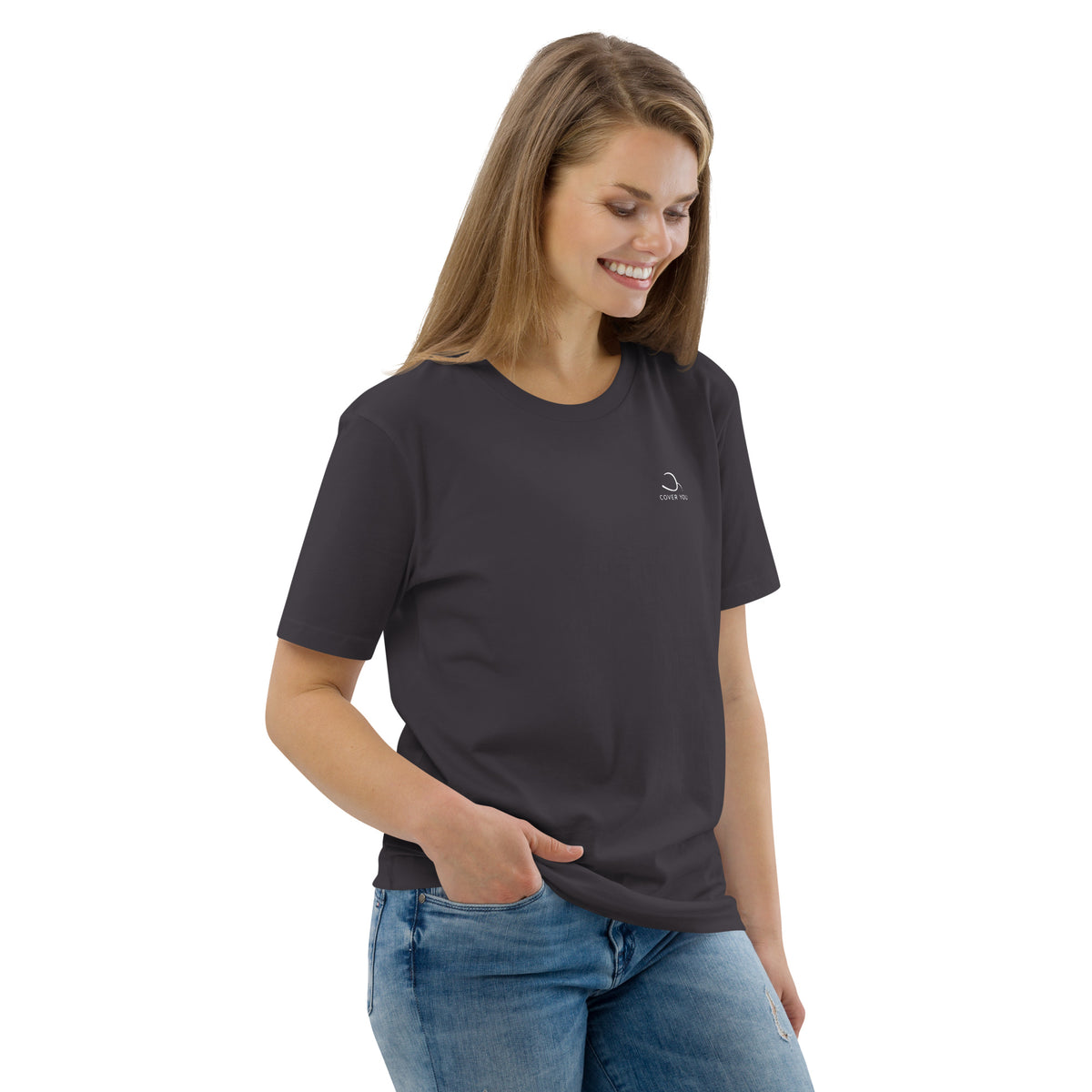 T-shirt unisexe Le Chapeau Panama orange en coton bio, coloris Anthracite, vu de trois quarts face