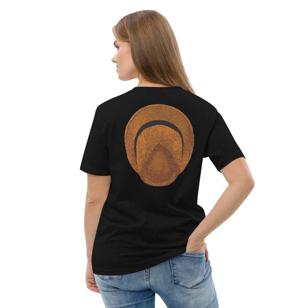 T-shirt unisexe Le Chapeau Panama orange en coton bio, coloris noir, vu de dos