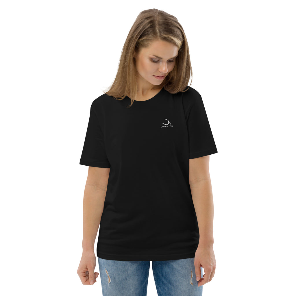T-shirt unisexe Le Chapeau Panama orange en coton bio, coloris noir, vu de face