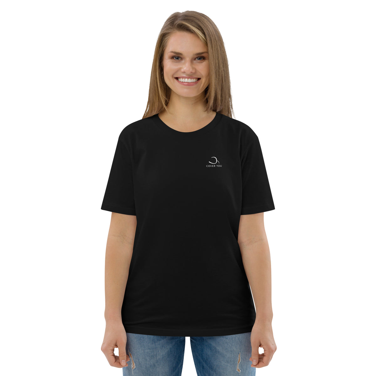 T-shirt unisexe Le Chapeau Panama orange en coton bio, coloris noir, vu de face