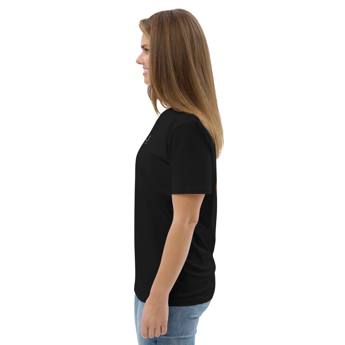T-shirt unisexe Le Chapeau Panama orange en coton bio, coloris noir, vu de profil