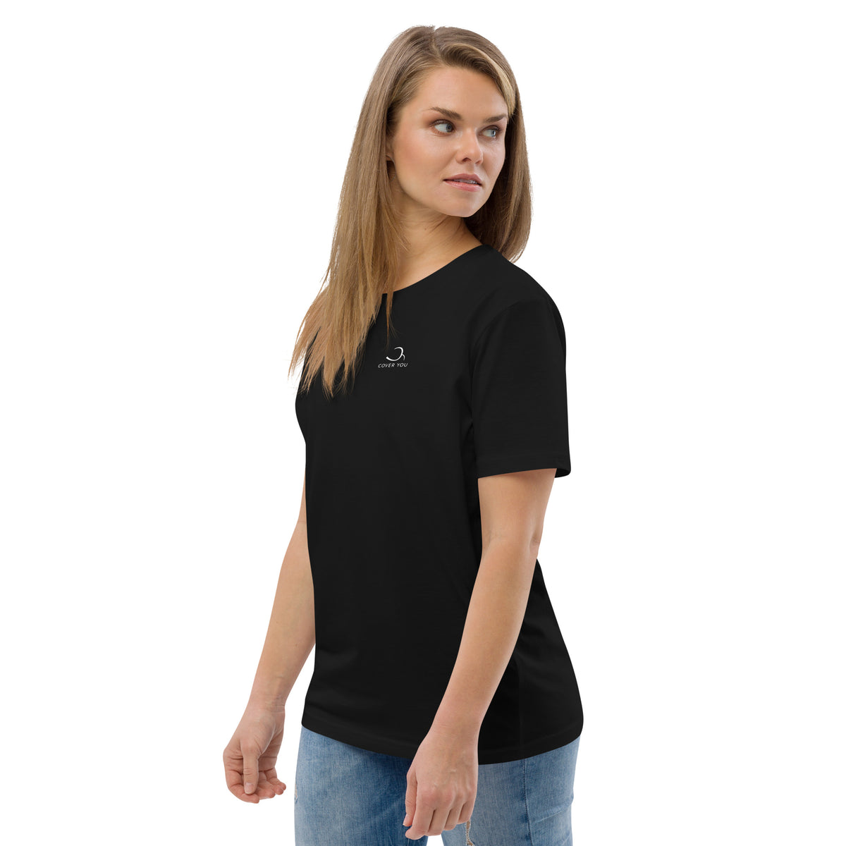 T-shirt unisexe Le Chapeau Panama orange en coton bio, coloris noir, vu de trois quarts face