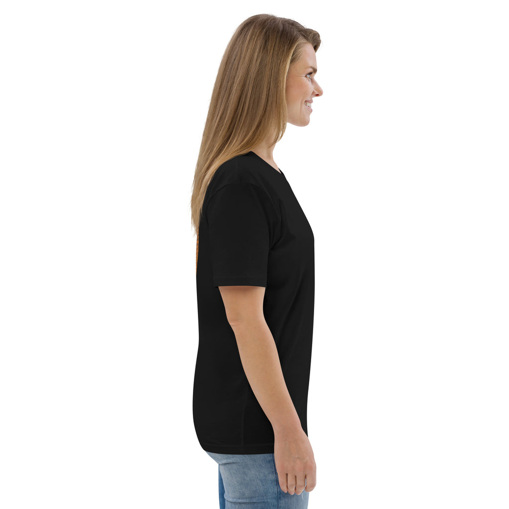 T-shirt unisexe Le Chapeau Panama orange en coton bio, coloris noir, vu de profil