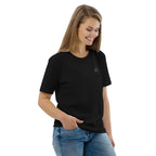T-shirt unisexe Le Chapeau Panama orange en coton bio, coloris noir, vu de trois quarts face
