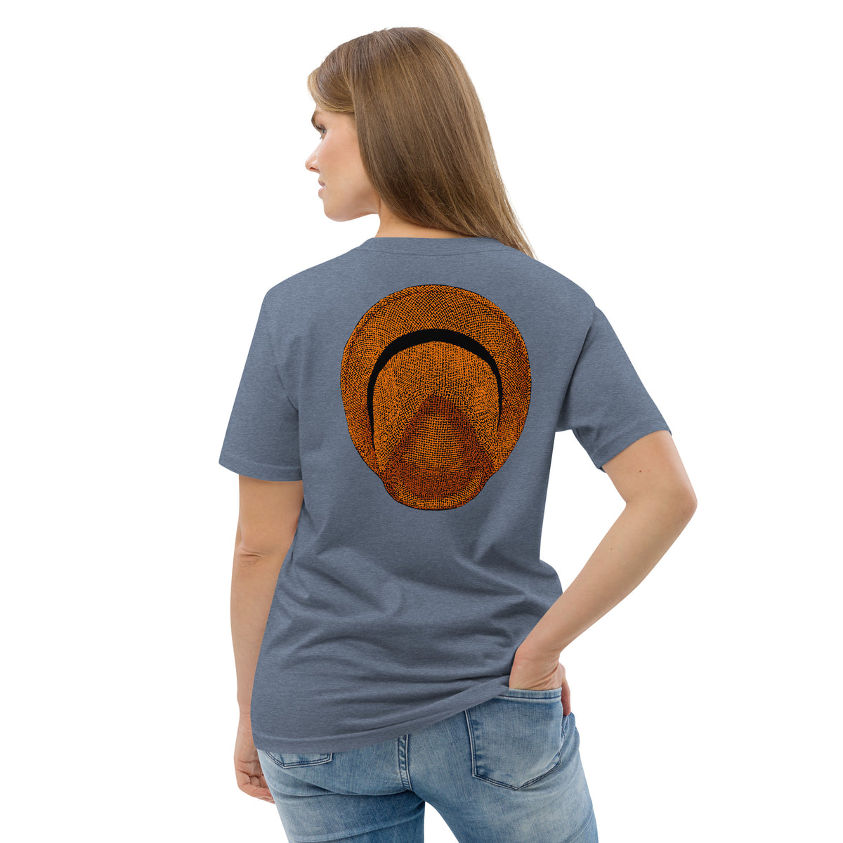T-shirt unisexe Le Chapeau Panama orange en coton bio, coloris Dark Heather Blue, vu de dos