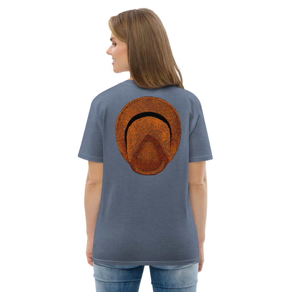 T-shirt unisexe Le Chapeau Panama orange en coton bio, coloris Dark Heather Blue, vu de dos