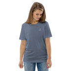 T-shirt unisexe Le Chapeau Panama orange en coton bio, coloris Dark Heather Blue, vu de face