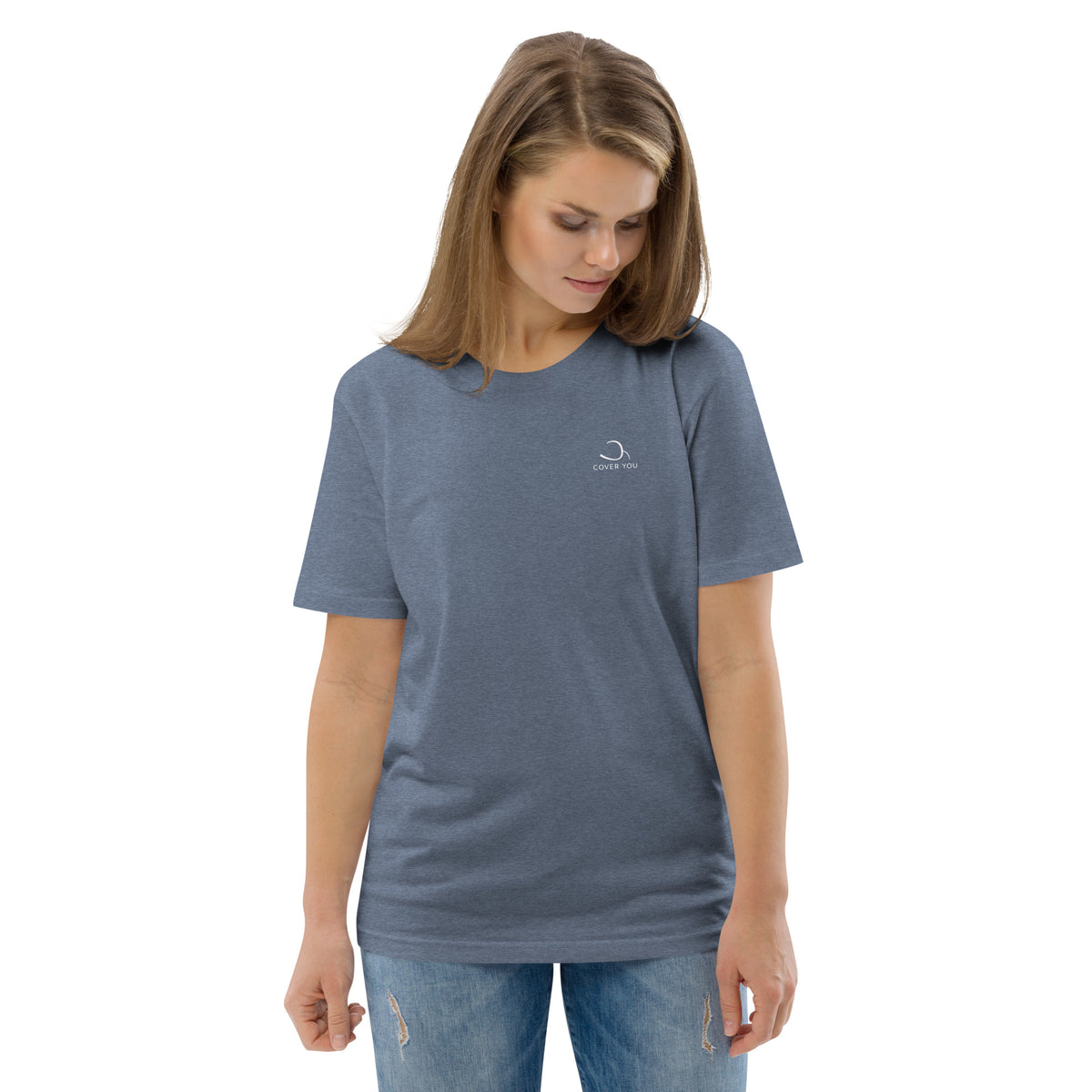 T-shirt unisexe Le Chapeau Panama orange en coton bio, coloris Dark Heather Blue, vu de face