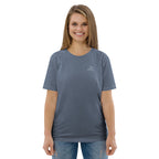 T-shirt unisexe Le Chapeau Panama orange en coton bio, coloris Dark Heather Blue, vu de face
