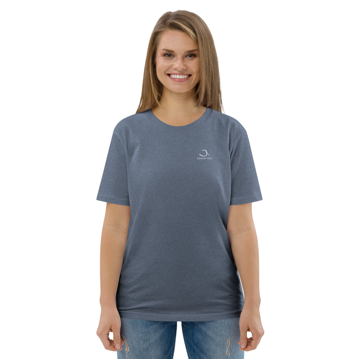 T-shirt unisexe Le Chapeau Panama orange en coton bio, coloris Dark Heather Blue, vu de face