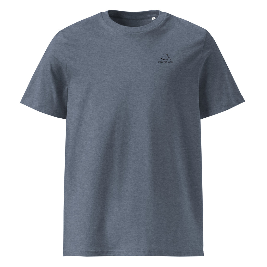 T-shirt unisexe Le Chapeau Panama orange en coton bio, coloris Dark Heather Blue, vu de face