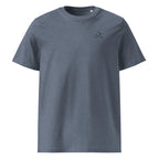 T-shirt unisexe Le Chapeau Panama orange en coton bio, coloris Dark Heather Blue, vu de face