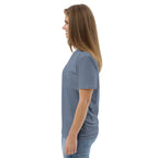 T-shirt unisexe Le Chapeau Panama orange en coton bio, coloris Dark Heather Blue, vu de profil