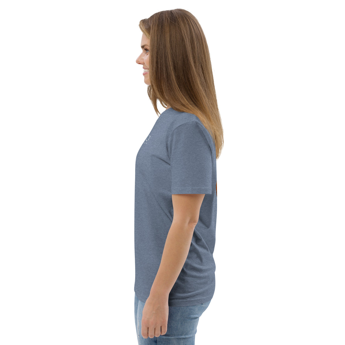 T-shirt unisexe Le Chapeau Panama orange en coton bio, coloris Dark Heather Blue, vu de profil