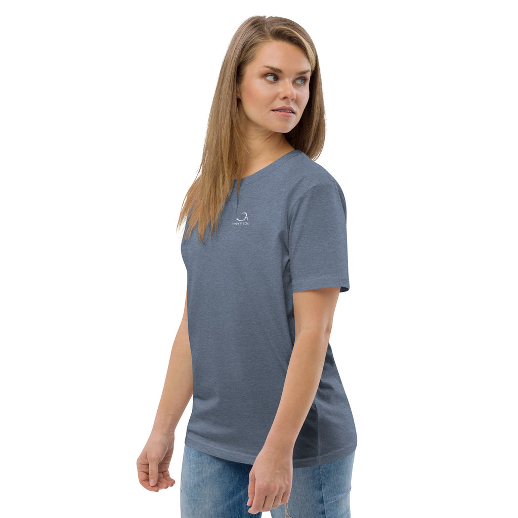 T-shirt unisexe Le Chapeau Panama orange en coton bio, coloris Dark Heather Blue, vu de trois quarts face