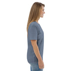 T-shirt unisexe Le Chapeau Panama orange en coton bio, coloris Dark Heather Blue, vu de profil