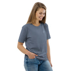 T-shirt unisexe Le Chapeau Panama orange en coton bio, coloris Dark Heather Blue, vu de trois quarts face