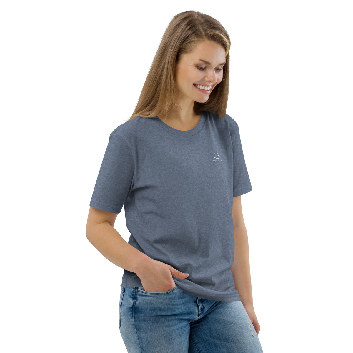 T-shirt unisexe Le Chapeau Panama orange en coton bio, coloris Dark Heather Blue, vu de trois quarts face