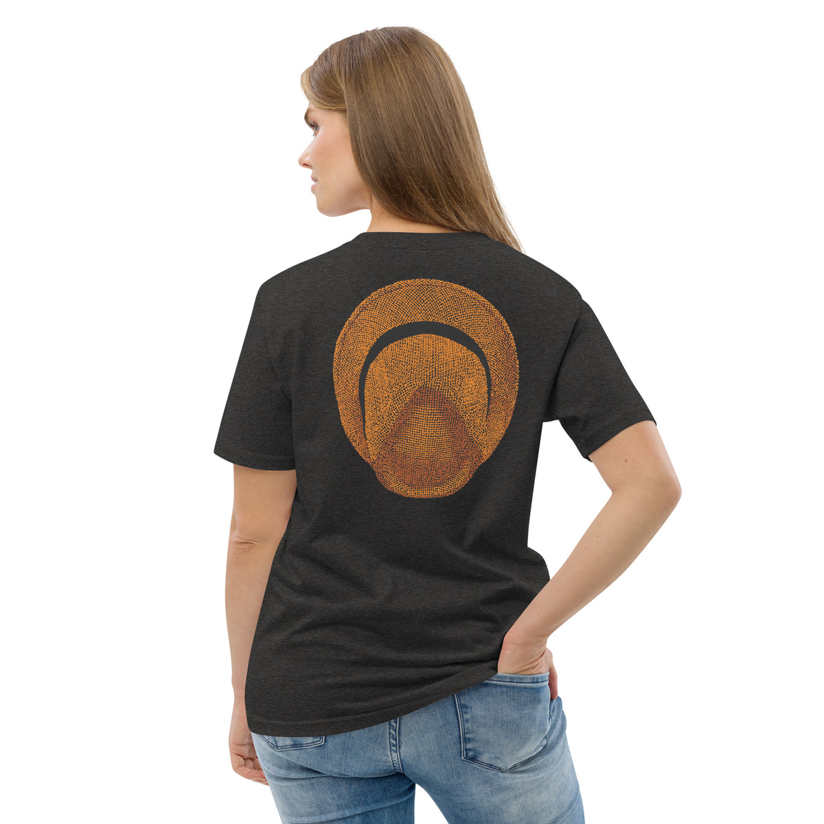 T-shirt unisexe Le Chapeau Panama orange en coton bio, coloris gris foncé chiné, vu de dos
