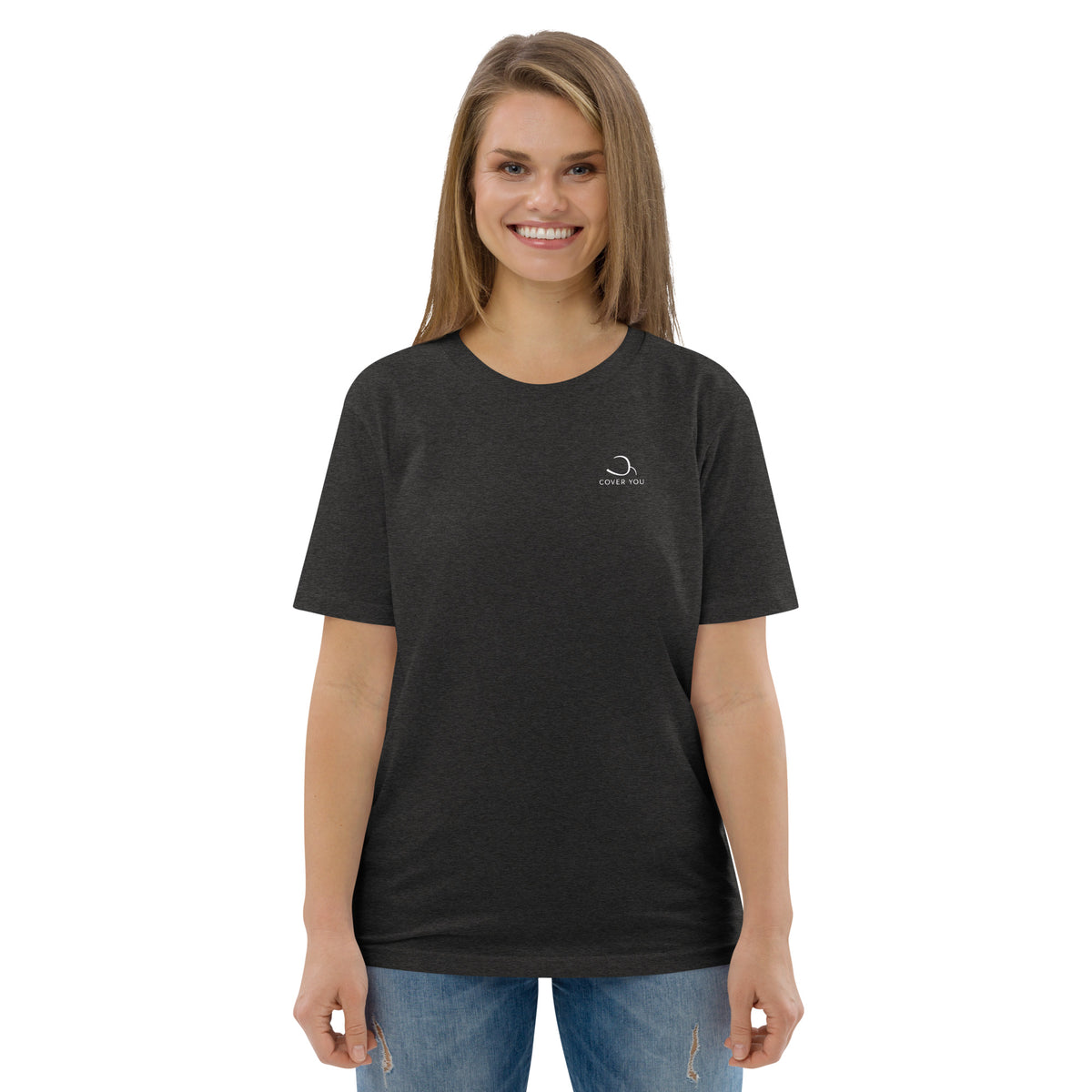 T-shirt unisexe Le Chapeau Panama orange en coton bio, coloris gris foncé chiné, vu de face