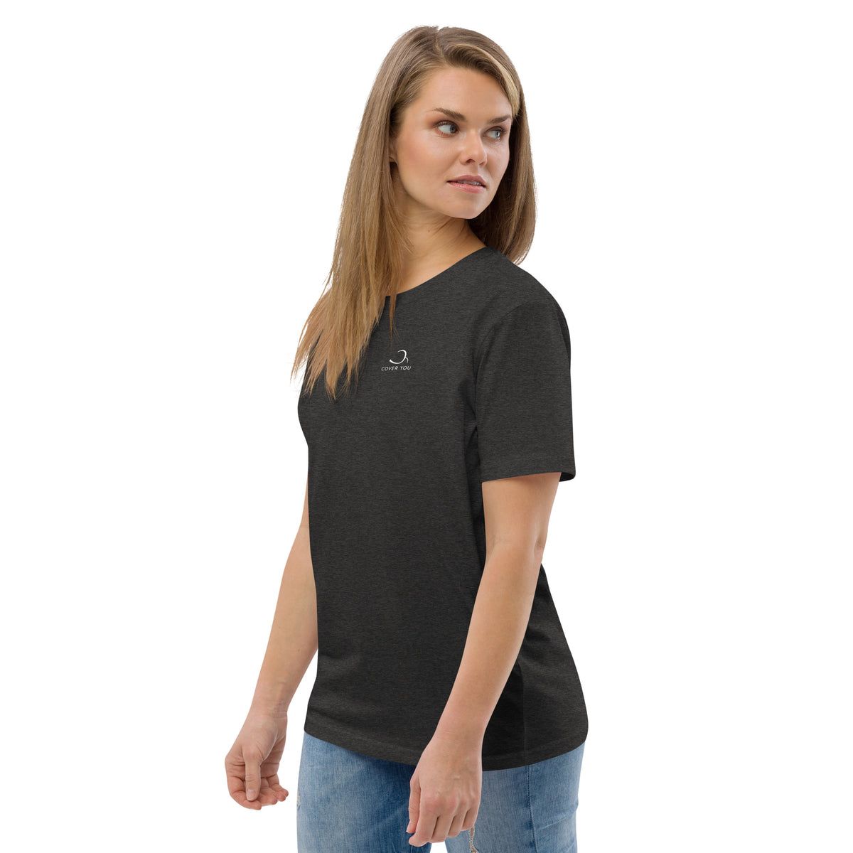 T-shirt unisexe Le Chapeau Panama orange en coton bio, coloris gris foncé chiné, vu de trois quarts face