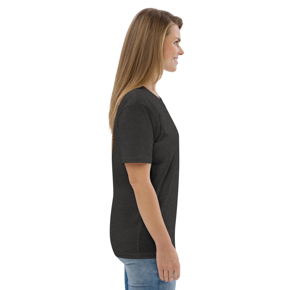 T-shirt unisexe Le Chapeau Panama orange en coton bio, coloris gris foncé chiné, vu de profil