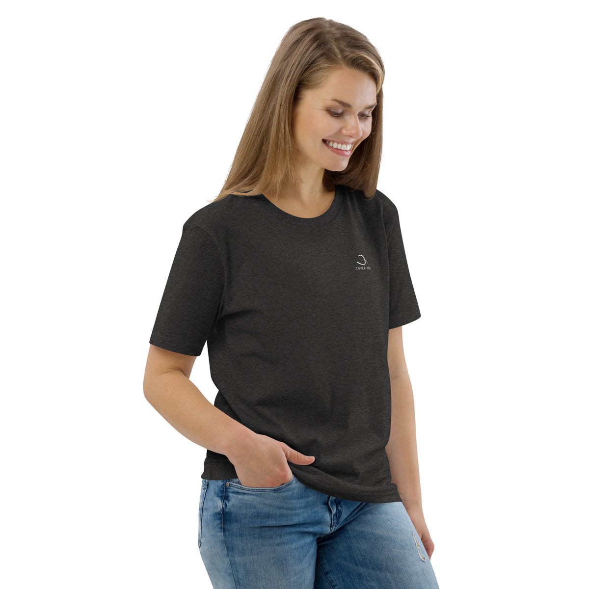 T-shirt unisexe Le Chapeau Panama orange en coton bio, coloris gris foncé chiné, vu de trois quarts face