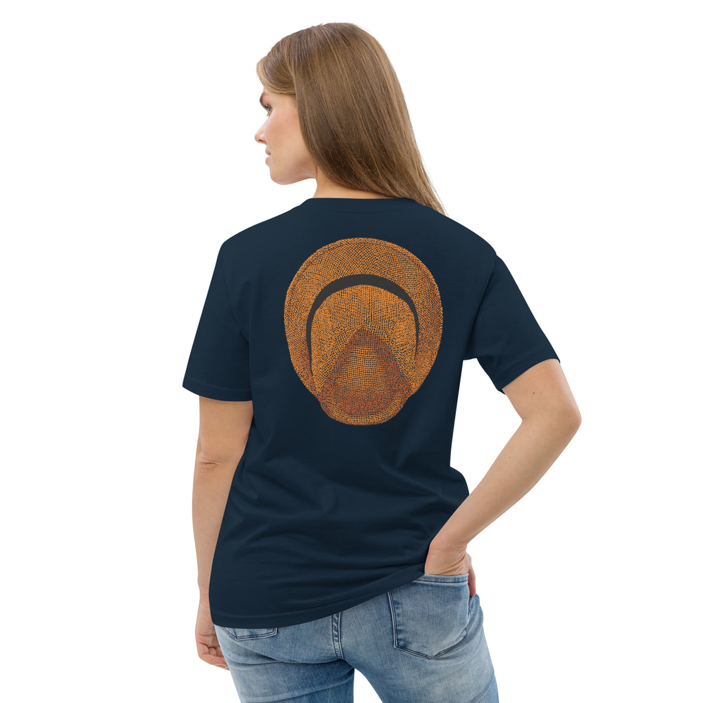 T-shirt unisexe Le Chapeau Panama orange en coton bio, coloris French Navy, vu de dos
