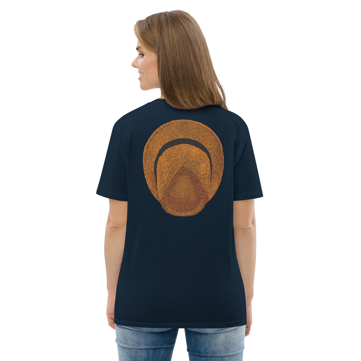 T-shirt unisexe Le Chapeau Panama orange en coton bio, coloris French Navy, vu de dos