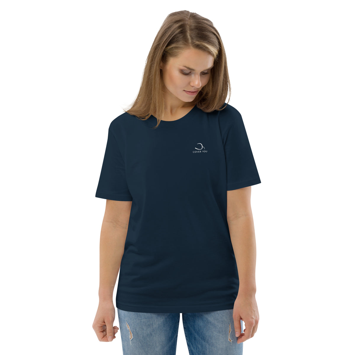 T-shirt unisexe Le Chapeau Panama orange en coton bio, coloris French Navy, vu de face